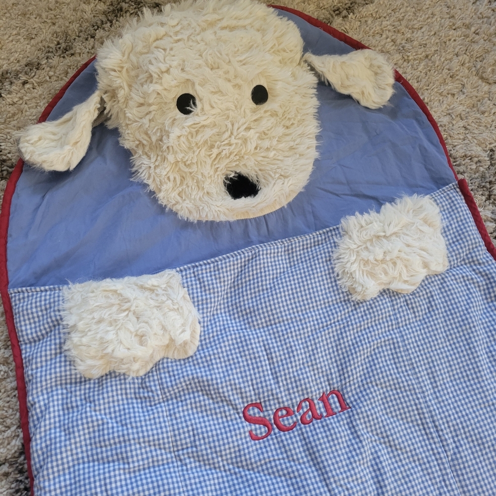 Pottery Barn Kids Shaggy Puppy Dog Sleeping Bag Blue Gingham SEAN